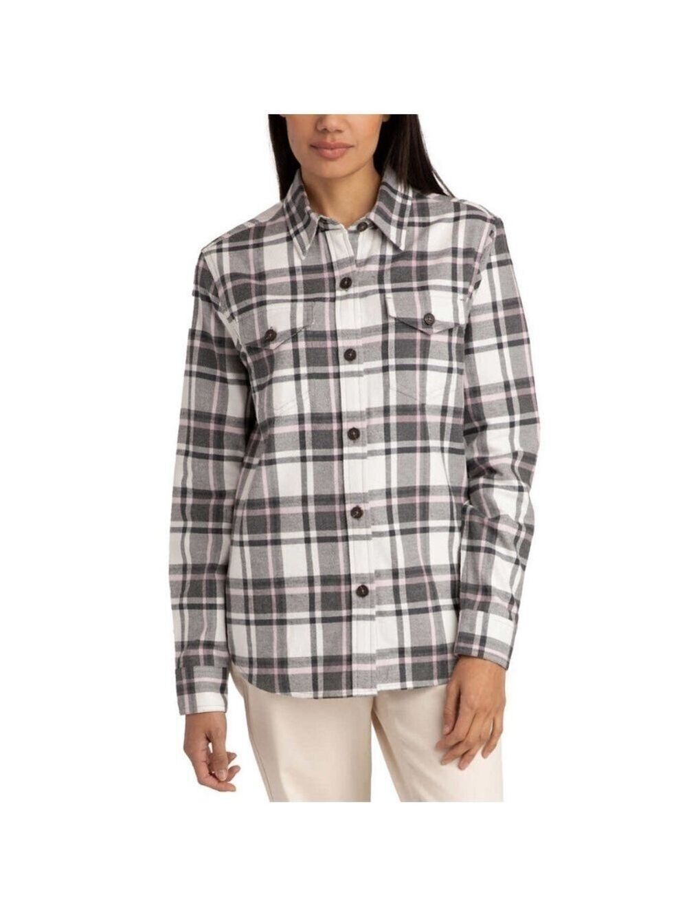 Tilley Women’s Brushed Flannel Shirt Small White Grey Pink